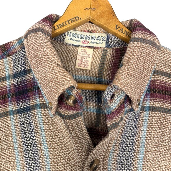 Vintage 90s Neutral Grunge Cotton Flannel Shirt Woven Plaid Button Up Cabincore - Picture 5 of 9